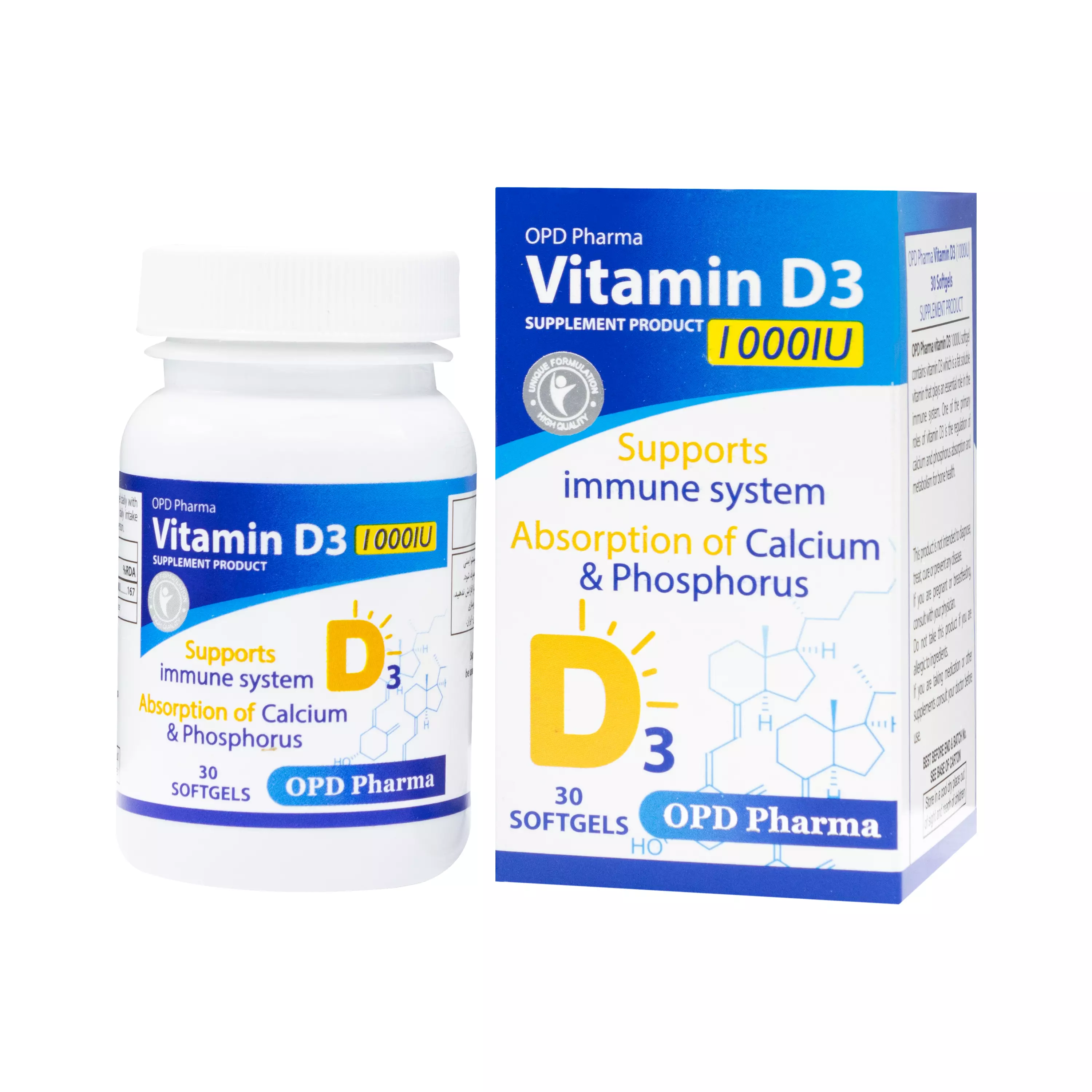 کپسول ژلاتینی ویتامین د3 1000 واحد 60 عددی او پی دی فارما