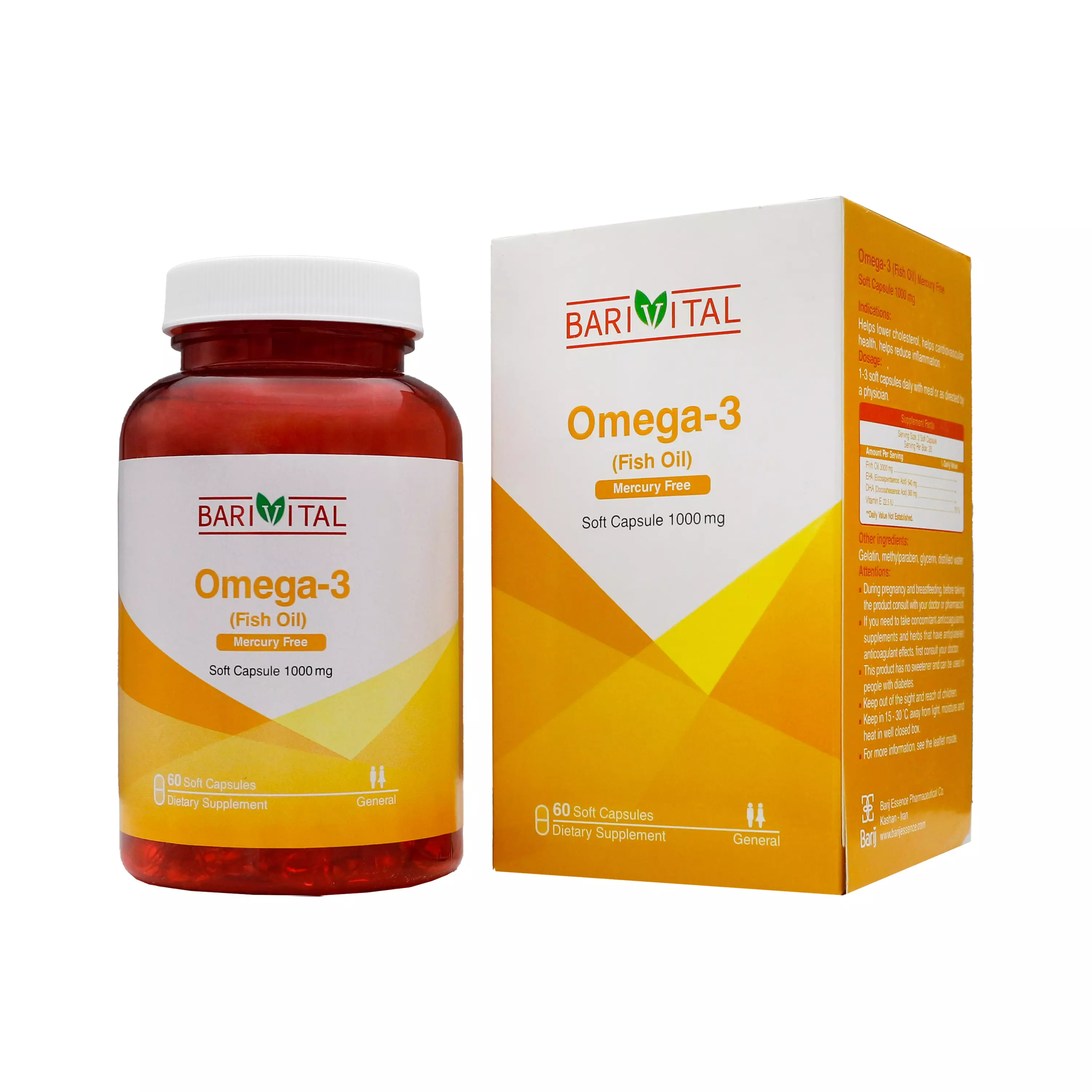 کپسول نرم امگا 3 روغن ماهی باریویتال 1000 میلی گرم 60 عددی باریج اسانس