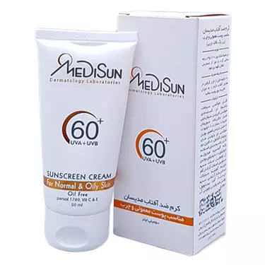 کرم ضد آفتاب SPF60 بی رنگ پوست معمولی و چرب 50 میلی لیتر مدیسان