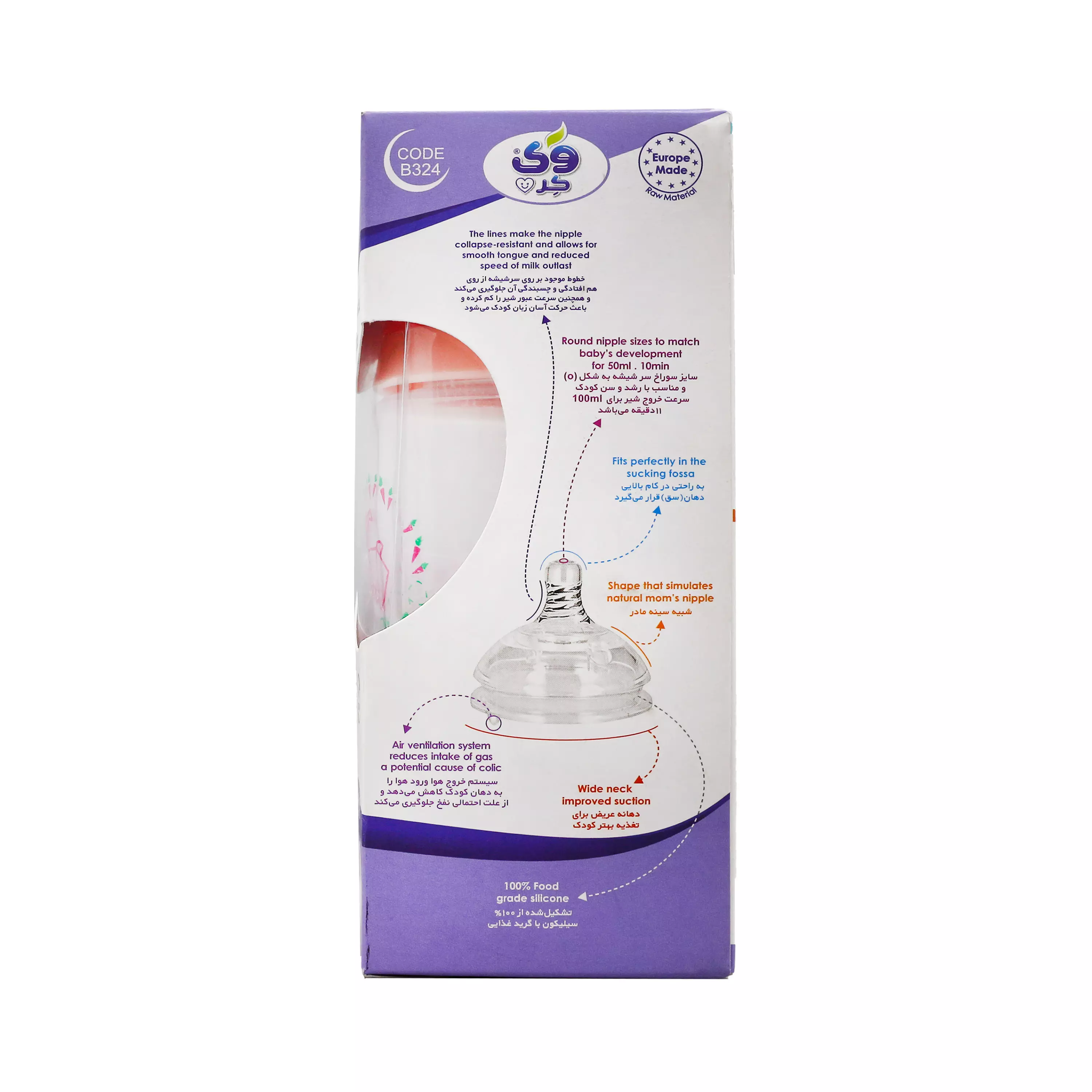 بطری شیرخوری دهانه عریض کد B324 حجم 300 میلی لیتر وی کر