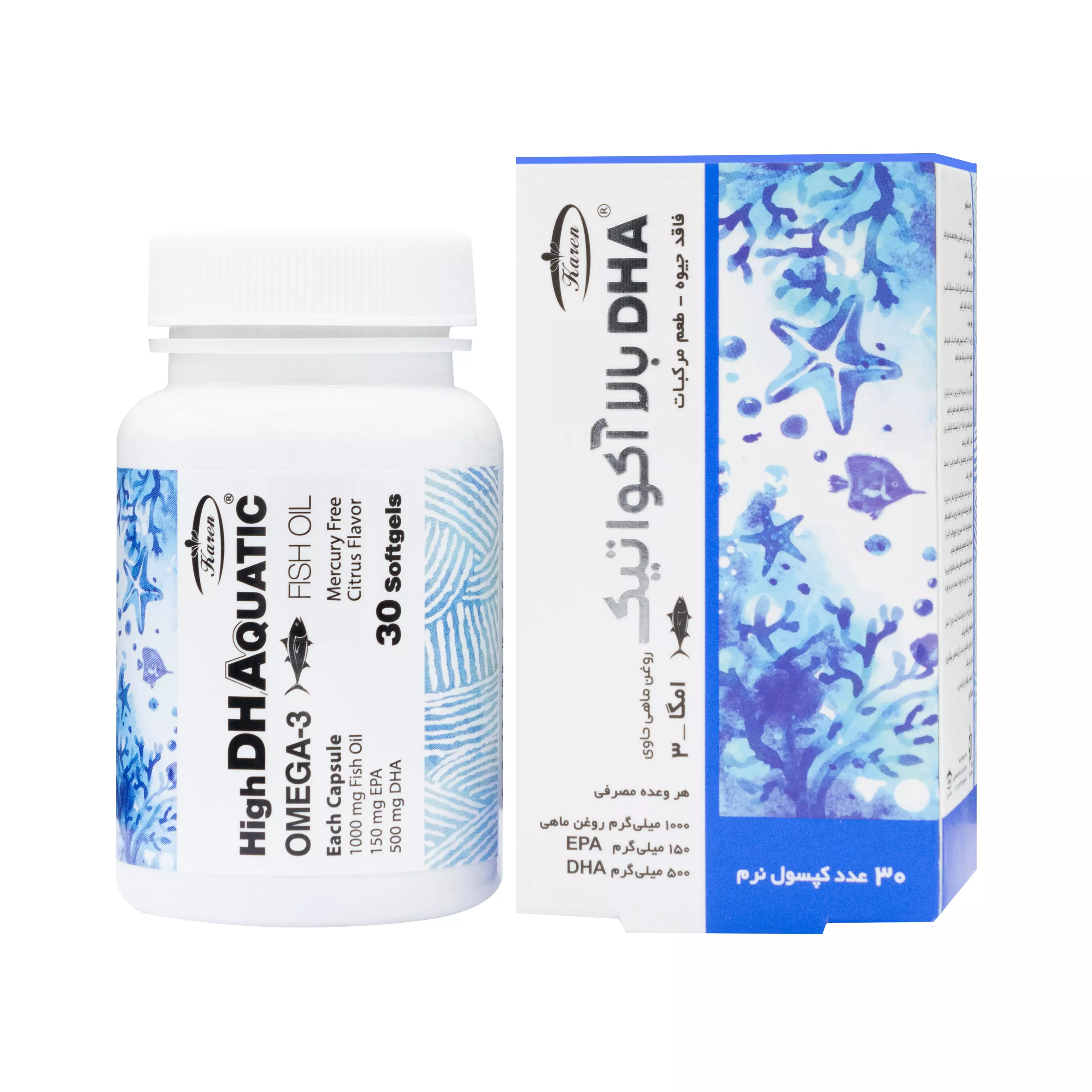 کپسول نرم امگا 3 دی اچ ای بالا آکواتیک قوطی کارن